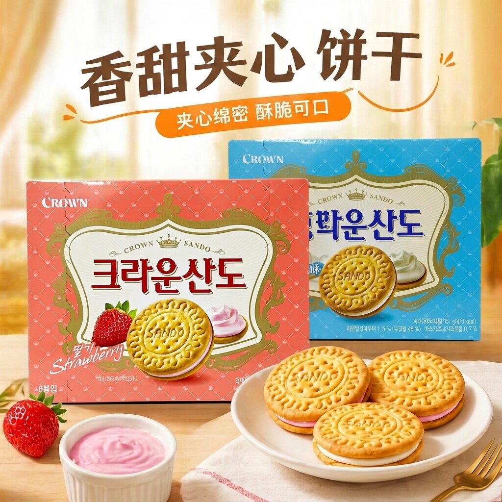 韩国进口零食克丽安三多奶油草莓夹心饼干161g盒装休闲零食糕点