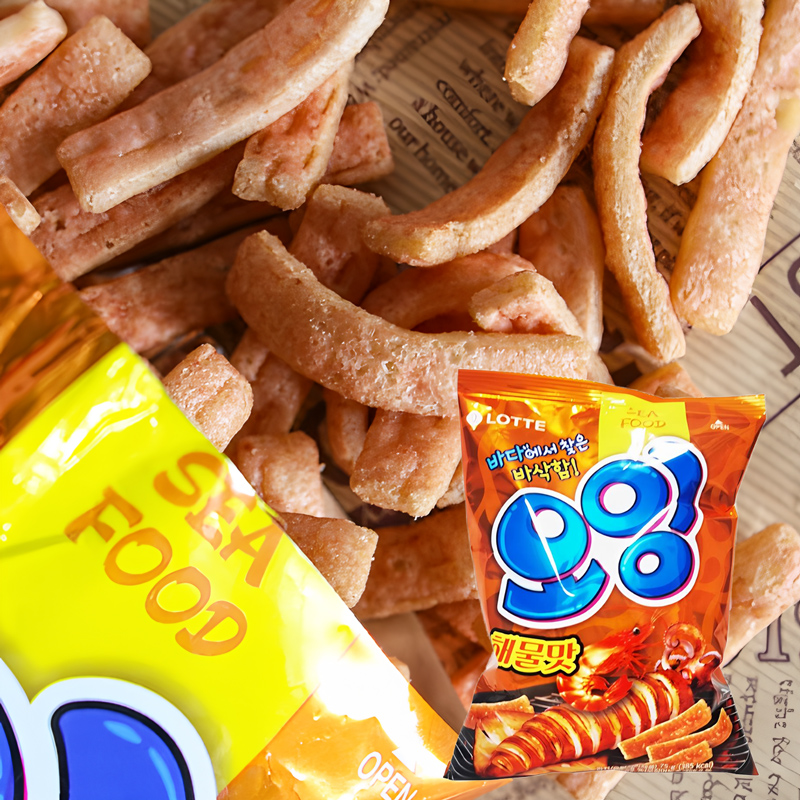 韩国进口零食乐天鱿鱼虾条膨化75g袋烤鱿鱼鲜虾味办公室休闲食品