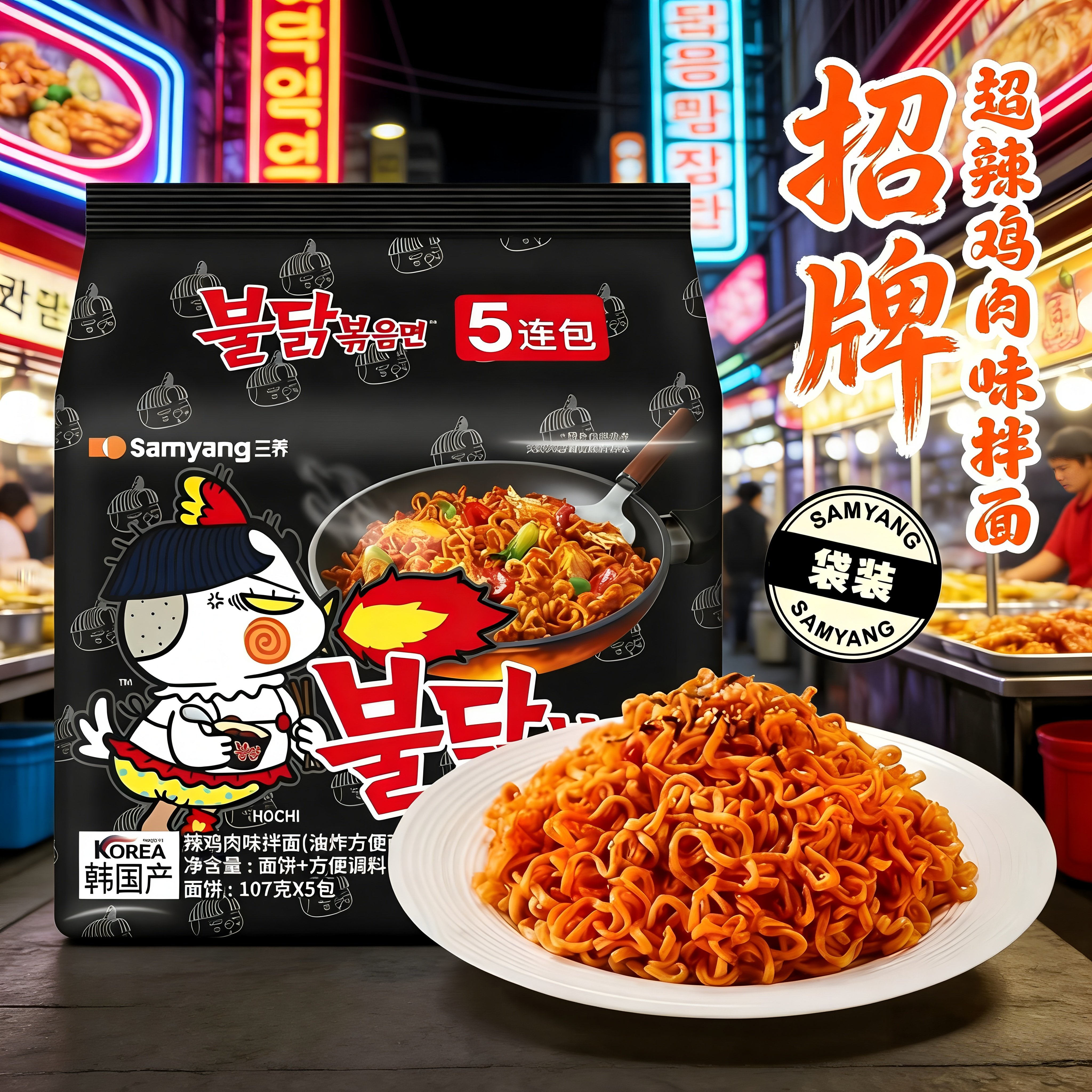 韩国进口三养超辣火鸡面140g*5袋装网红方便面拌面泡面条食品包邮