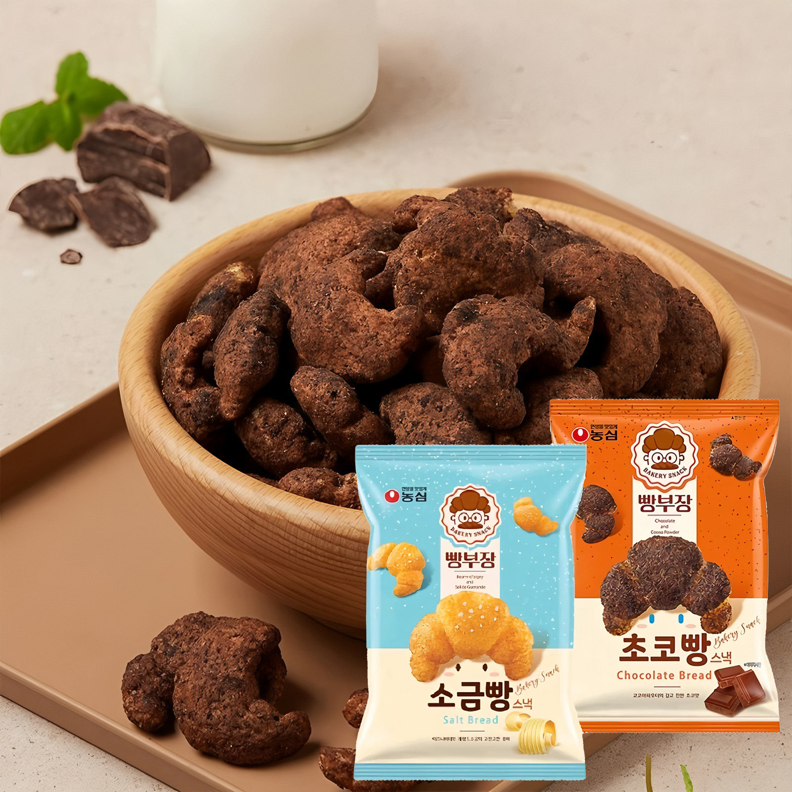 韩国进口零食农心奶油咸味巧克力味牛角面包膨化55g休闲松脆食品