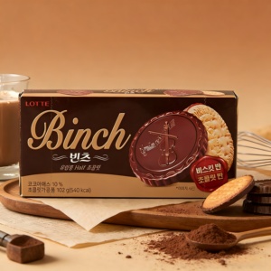 韩国进口零食乐天Binch宾驰纯黑巧克力饼干夹心102g休闲食品