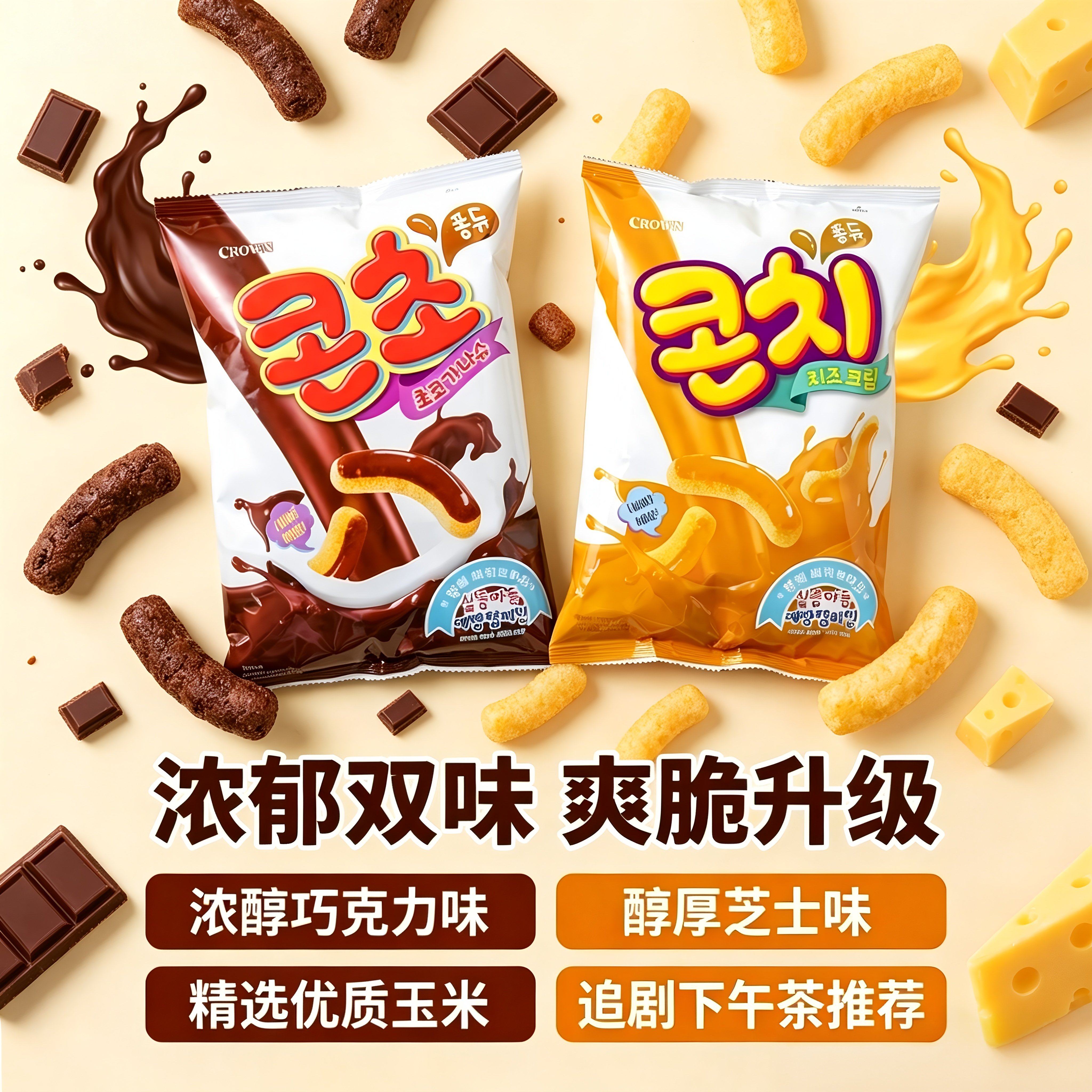 韩国原版进口零食克丽安巧克力膨化条味脆条休闲小吃66g网红食品