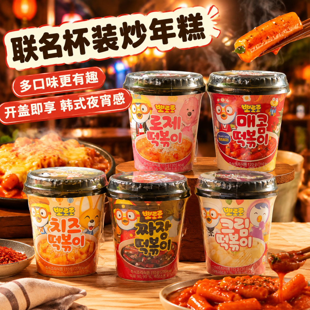 韩国进口啵乐乐奶油芝士炸酱炒年糕条辣味杯装方便速食儿童零食