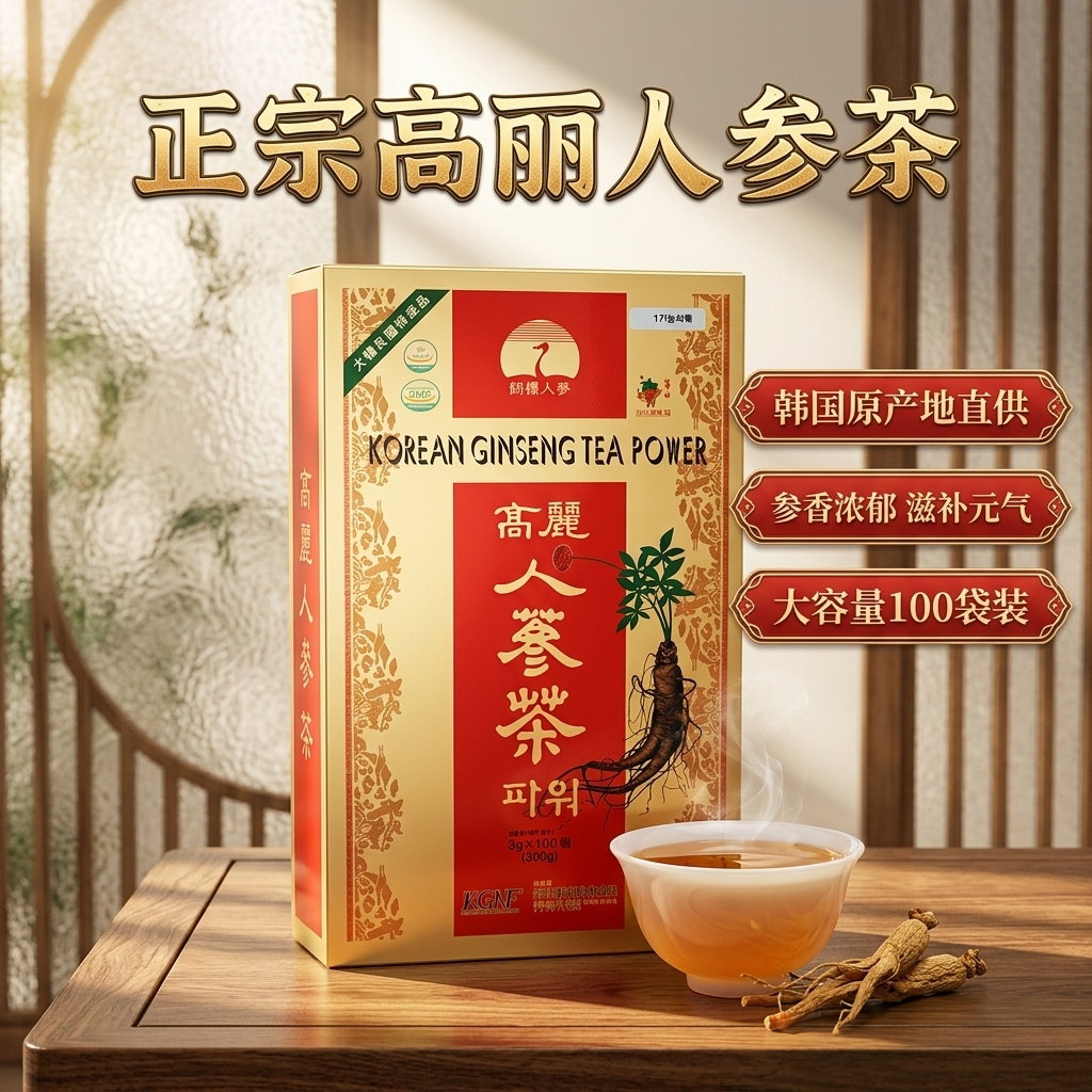 韩国进口高丽人参茶3g*100袋木盒鹤标装独立包装颗粒冲饮节日礼品