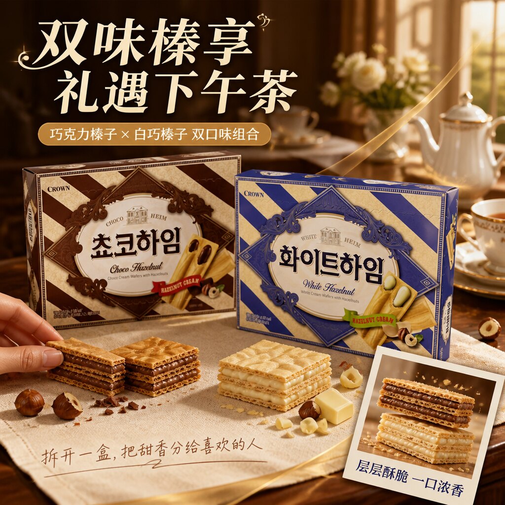 韩国进口CROWN克丽安榛子夹心威化284g奶油巧克力饼干休闲零食