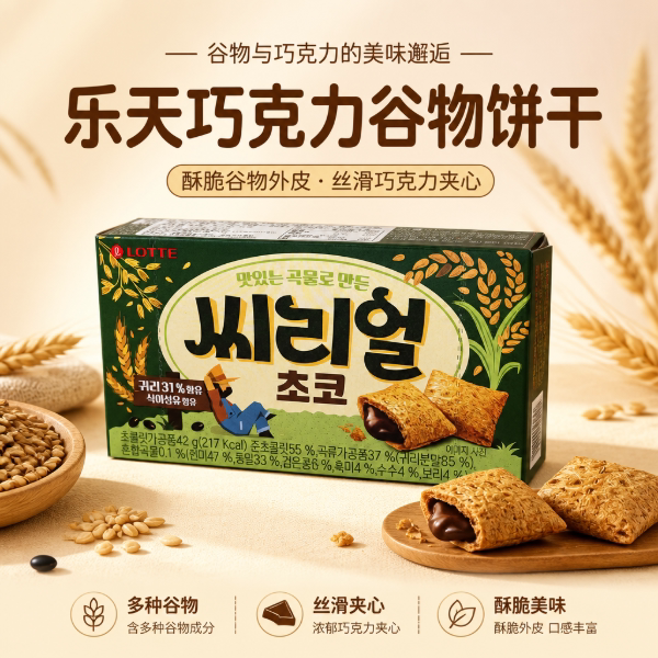 韩国进口零食乐天粗粮荞麦麦片巧克力夹心饼干42g儿童休闲零食