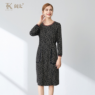 阔太小黑裙波点长袖连衣裙女2025春新款包括收腰显瘦圆领中长裙女