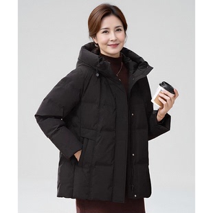 阔太女式连帽羽绒服90白鸭绒冬季保暖外套中老年妈妈装气质大衣