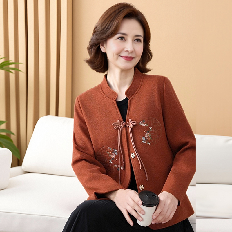 新中式刺绣毛呢外套女短款