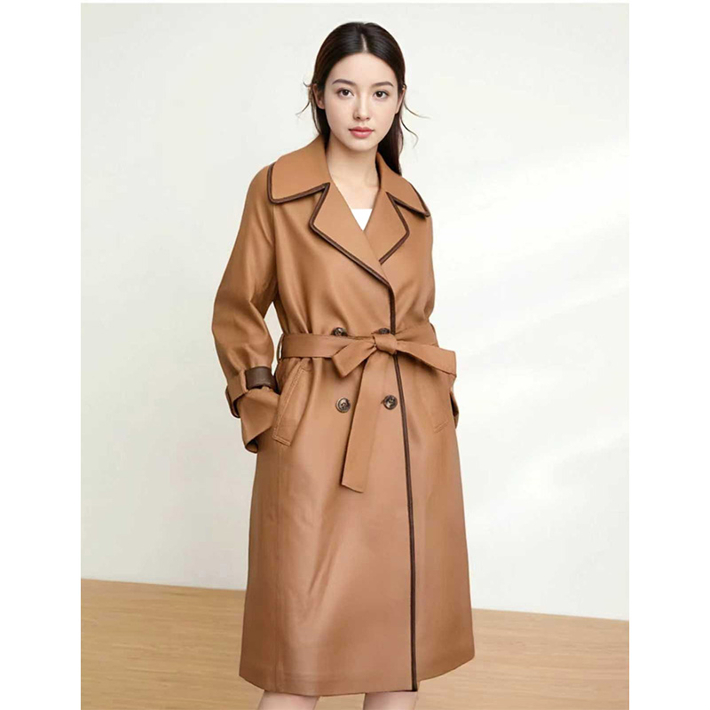 阔太绵羊皮真皮长款皮衣秋冬款时尚翻领直筒风衣外套女