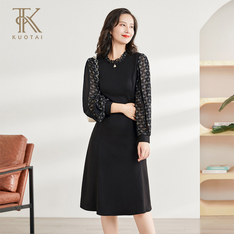 阔太2024秋季新款时尚通勤荷叶领假两件连衣裙拼接烫金雪纺印花裙,女装/女士精品,连衣裙,淘宝优惠券,粉丝福利购,淘宝优惠卷