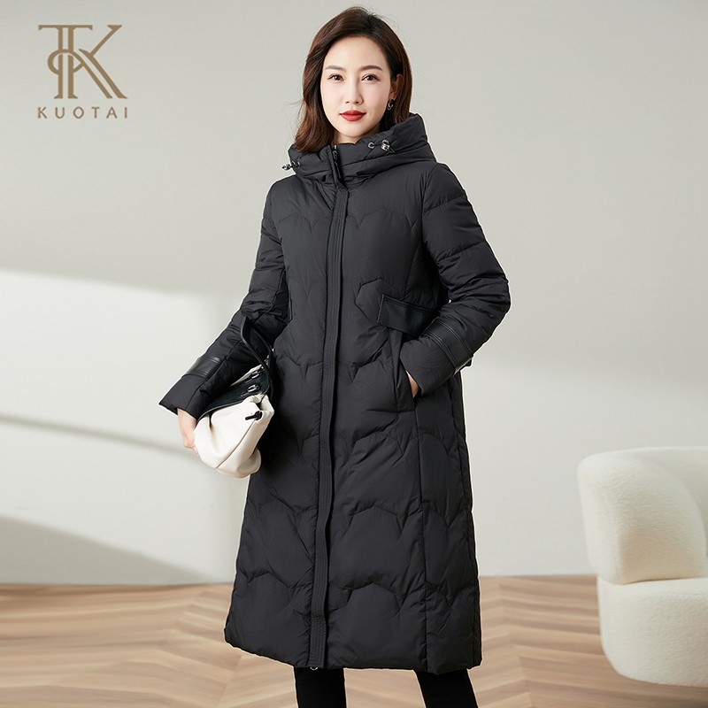 阔太中年妈妈秋冬装时尚休闲立领连帽长袖鸭绒修身收腰长款羽绒服