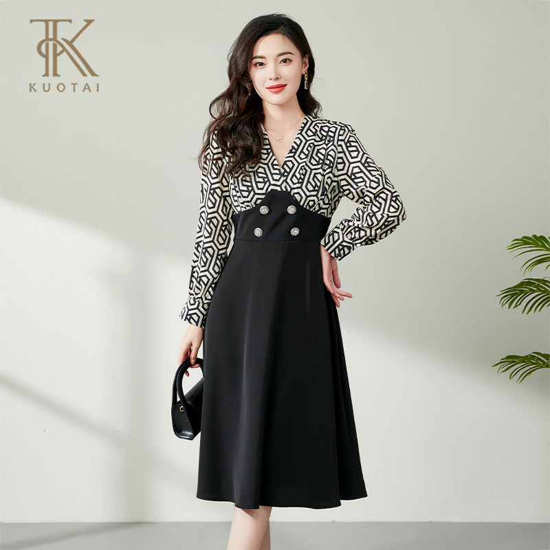 阔太高端精致印花拼接长袖连衣裙女性感V领设计2024年春季新款,女装/女士精品,连衣裙,淘宝优惠券,粉丝福利购,淘宝优惠卷