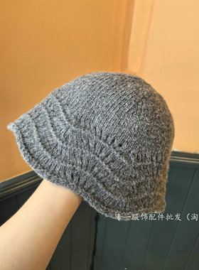 波浪边针织毛线帽女显脸小减龄遮阳帽时尚灰色盆帽秋冬保暖渔夫帽