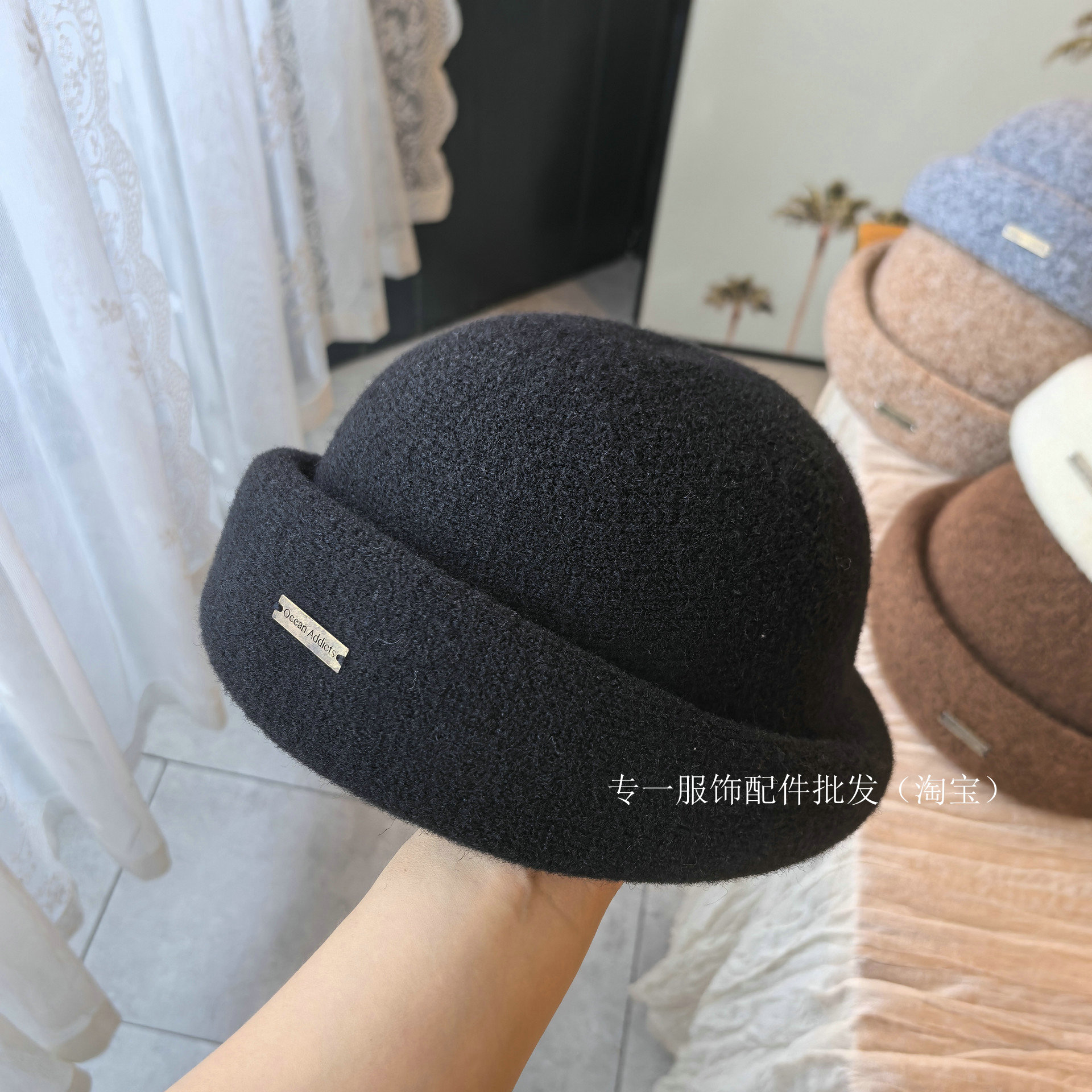 韩版秋冬金属小标针织毛呢小礼帽女时尚百搭千金风卷边贝雷帽子