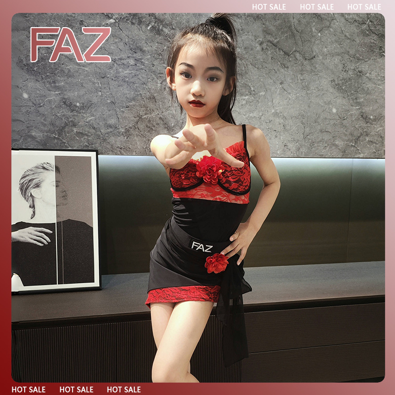 FAZ夏季新款少儿蕾丝拉丁舞蹈服网红练功服儿童拉丁练习演出服装