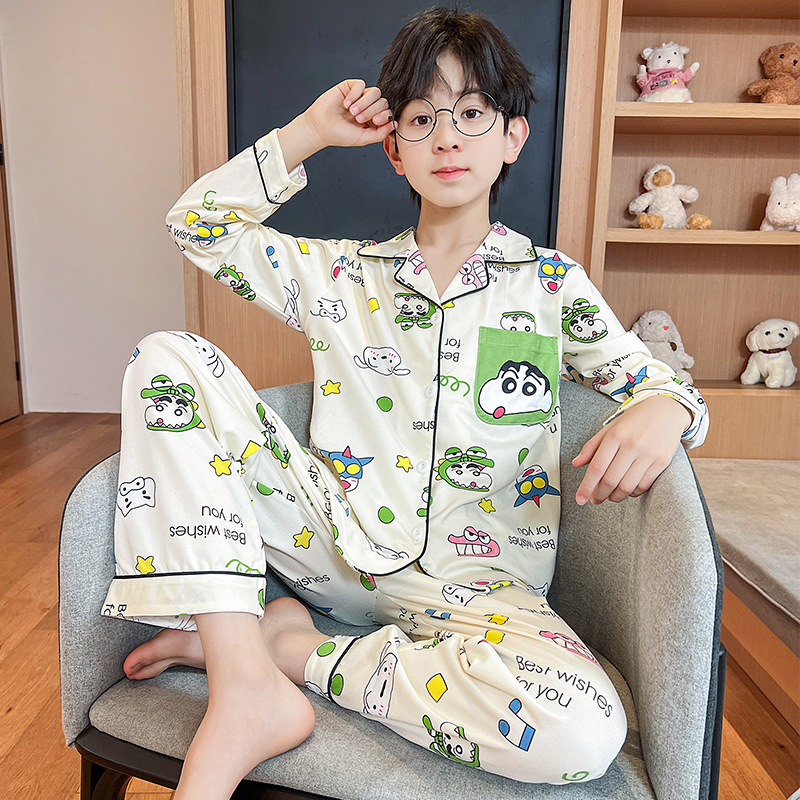 儿童睡衣男童春秋季薄款长袖开衫中大童小男孩大码大童家居服套装
