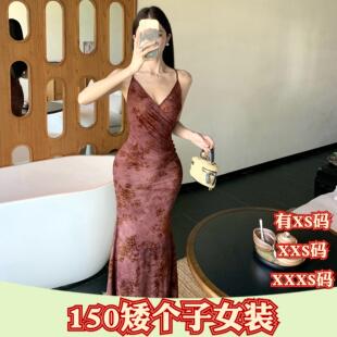 夏季女装矮个子XXXS150cm小个子155碎花大摆连衣裙吊带深v领裙子