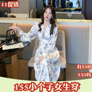 秋季155cm矮个子小个子搭配XXS女装v领印花连衣裙中长收腰碎花裙