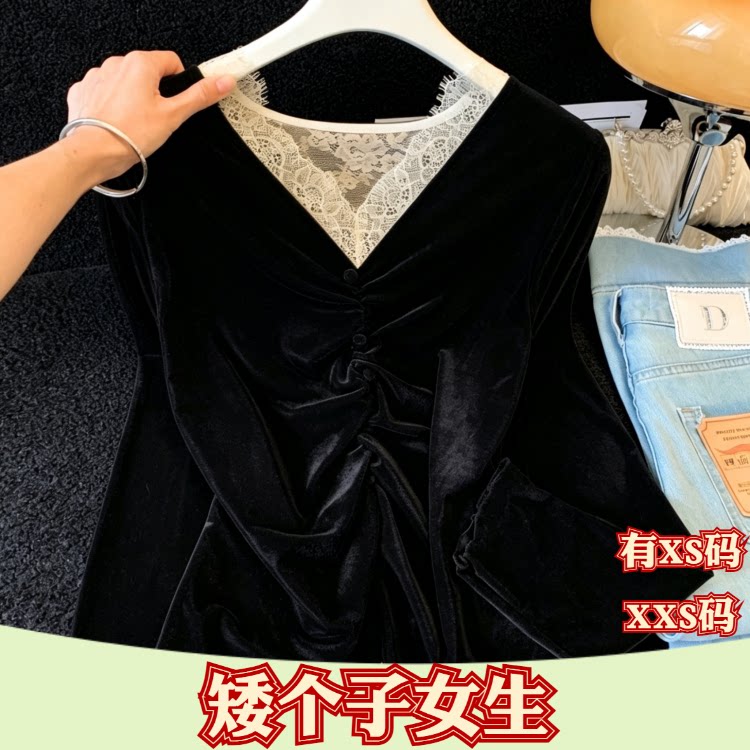 加小码XXS女装秋装矮个子150cm显高假两件打底丝绒蕾丝拼接上衣