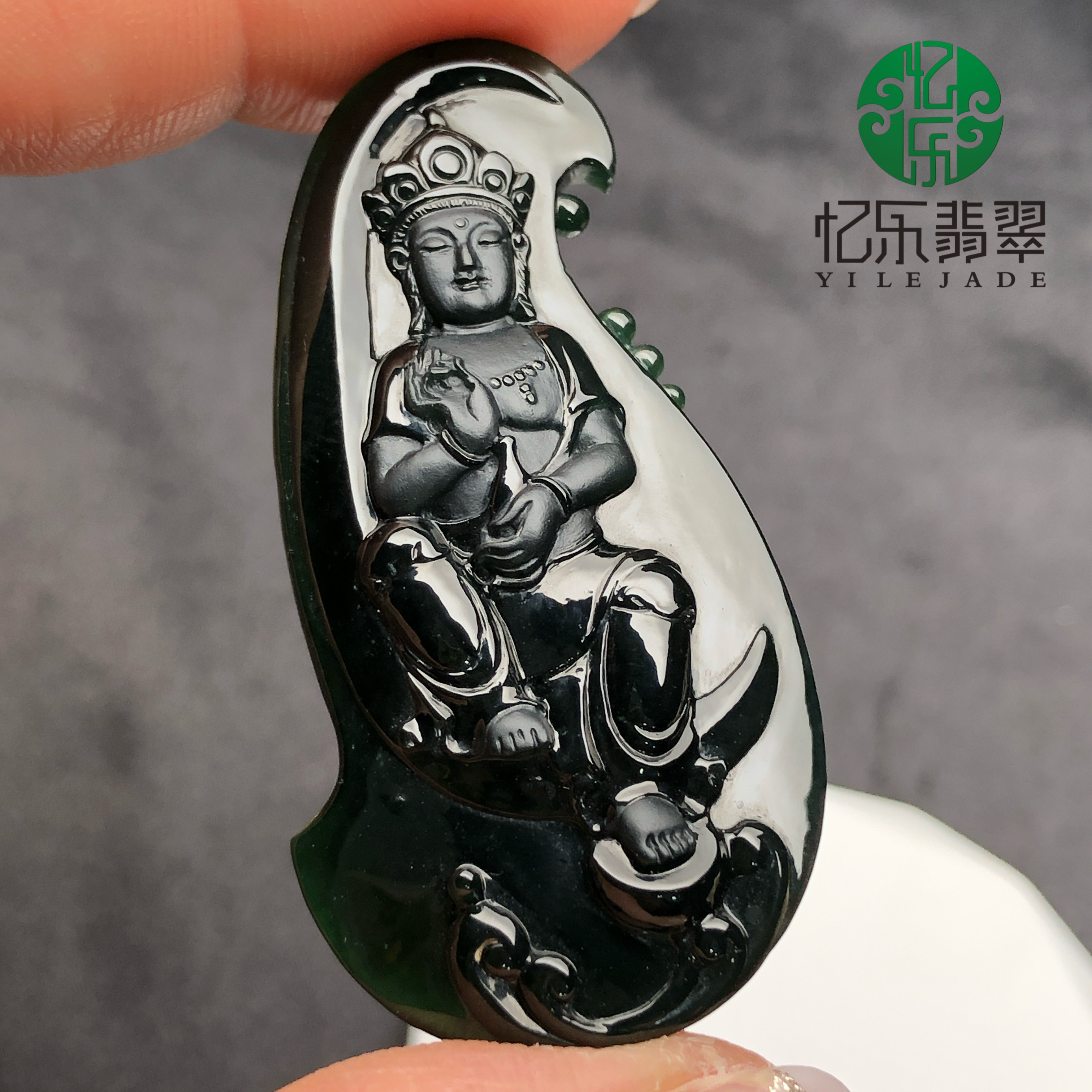 天然缅甸A货翡翠冰种墨翠净瓶观音吊坠墨翠观音菩萨挂件