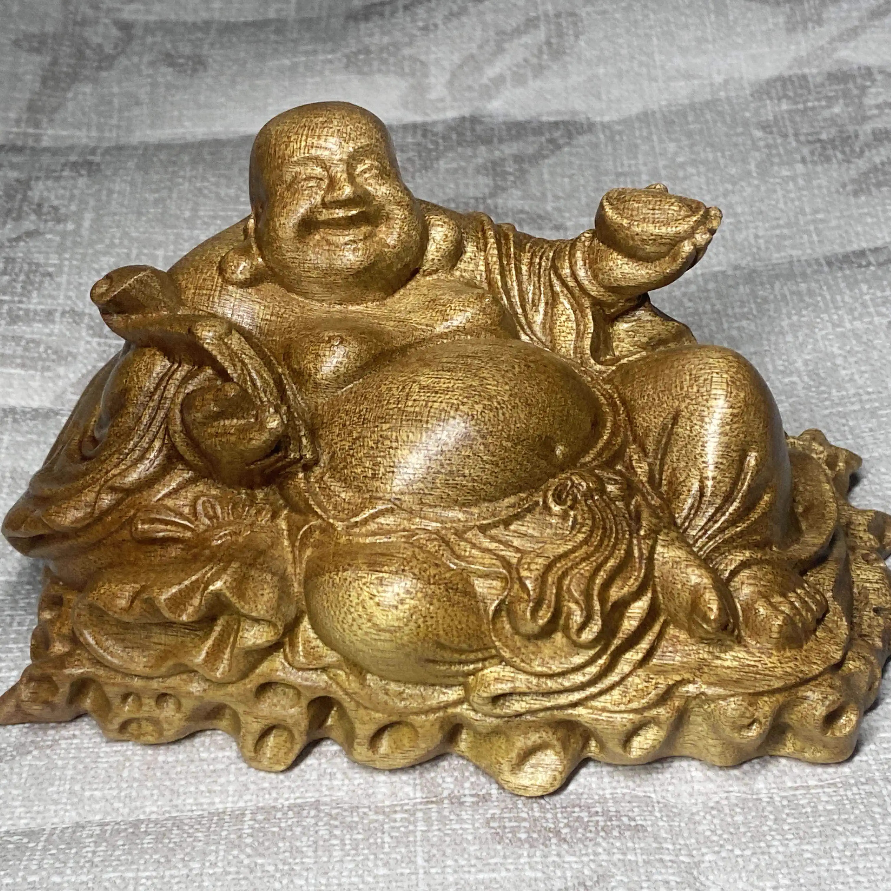 天然金丝楠木雕招财元宝弥勒佛笑佛实木玄关汽车摆件装饰品工艺品