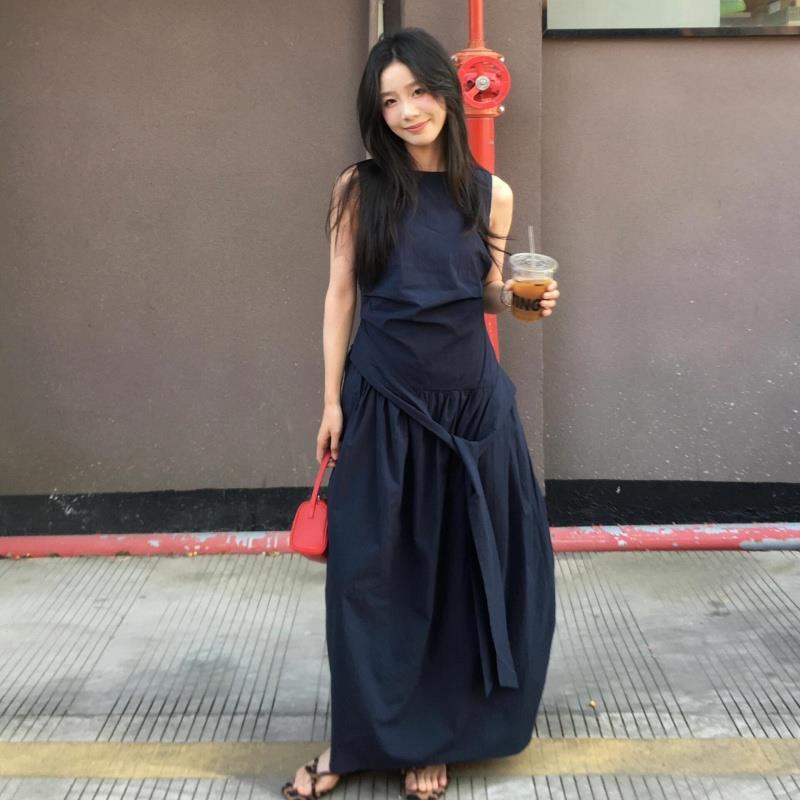 日系复古藏蓝色无袖背心裙夏季小个子通勤宽松收腰系带吊带连衣裙