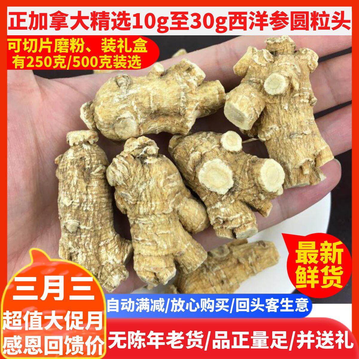 正加拿大特级西洋参10g/20g/30g圆粒头半斤花旗参切含片磨粉500克