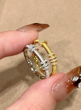 转圈镶嵌钻925纯银饰品女戒指环设计感的独特开口粗胖手拇中食指