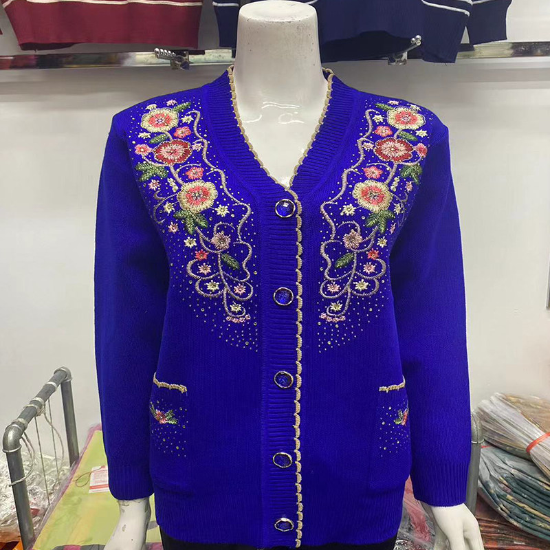 中老年开衫毛衣外套女针织开衫妈妈装老人衣服民族风V领绣花上衣