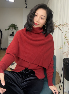 原创新款女装带脖套长袖毛针织衫女宽松圆领套头打底衫开衫上衣