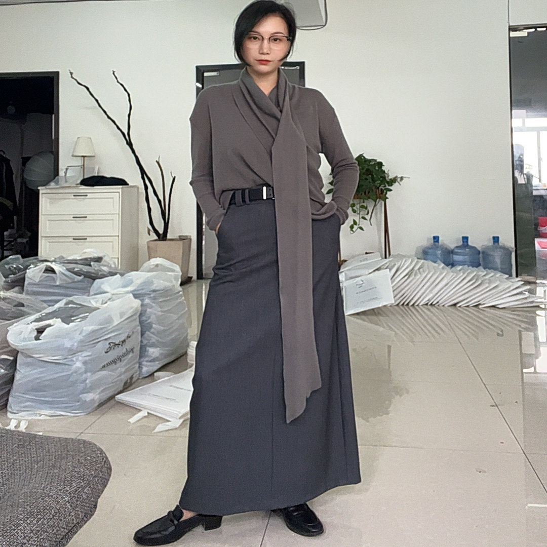 黄金比例女神裙 雅高小众设计高端直筒修身收腰长裙设计师带腰带