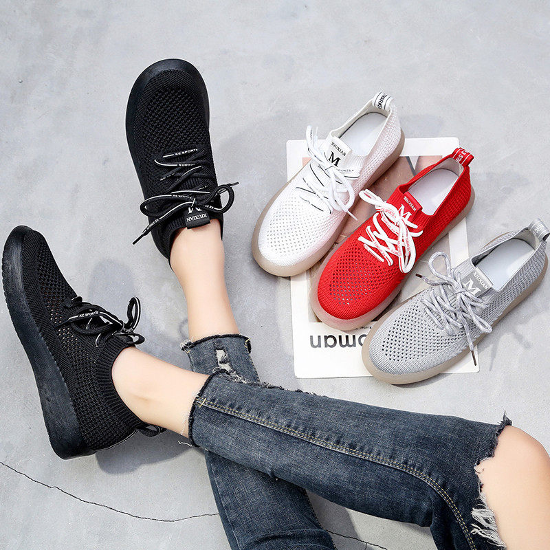 针织袜子鞋女夏季脚肥脚宽大码防滑孕妇鞋软底透气中年妈妈运动鞋