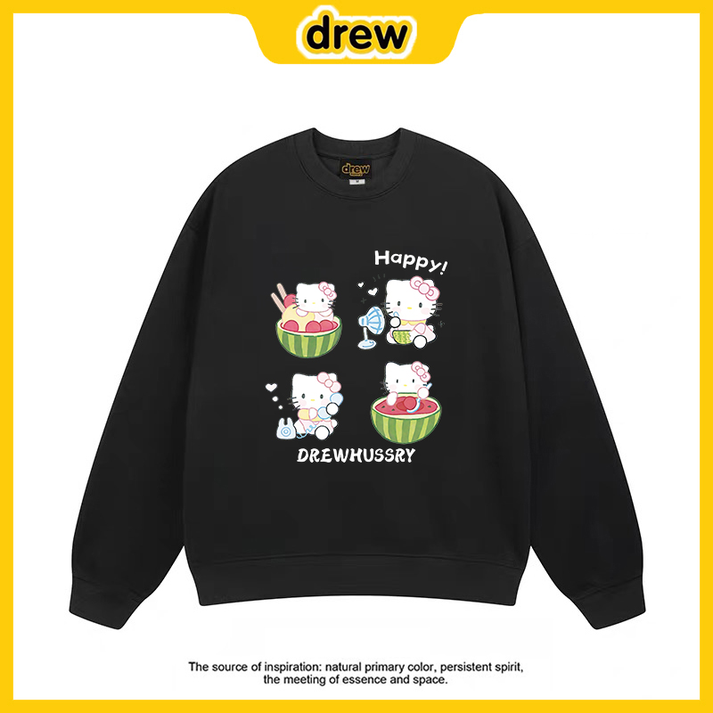 drew美式潮牌HelloKitty猫印花圆领卫衣秋冬男女情侣宽松百搭上衣
