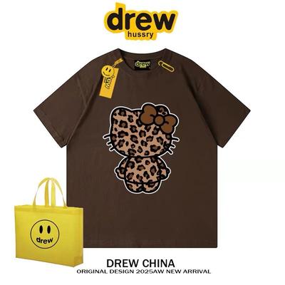 drew美式潮牌豹纹HelloKitty复古宽松短袖t恤男女情侣纯棉上衣夏