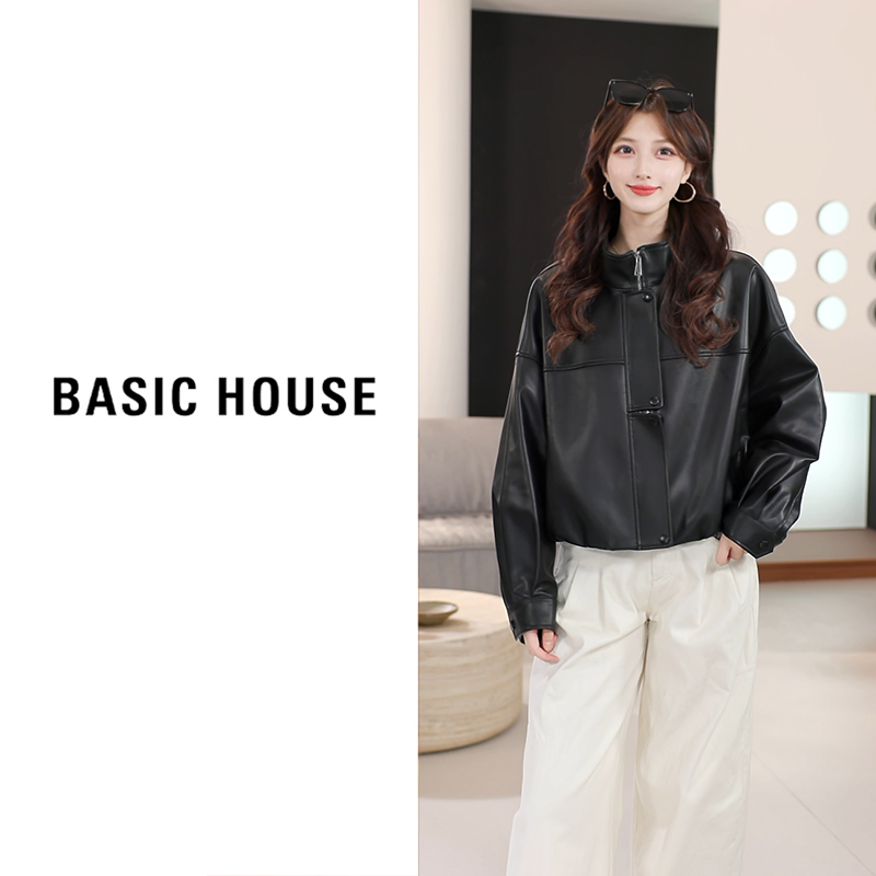 Basic House/百家好秋新款皮衣夹克短外套女B1295B5I952(衣长51)