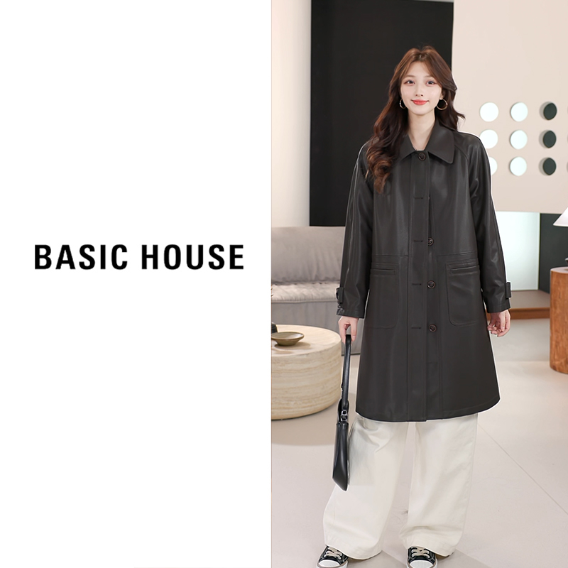 Basic House/百家好新款长皮衣外套风衣女B1295B5I672（衣长95）