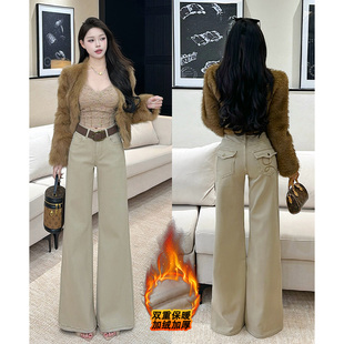 乔栈加绒卡其色刺绣千金风微喇牛仔裤 女秋冬高腰设计感气质阔腿裤