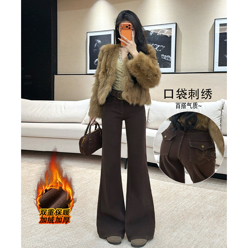 乔栈老钱风加绒咖色不贴腿微喇牛仔裤女秋冬高腰显瘦小个子阔腿裤