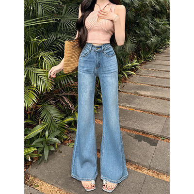 复古水洗蓝提臀显瘦喇叭牛仔裤女春夏季薄款高腰不贴腿微喇裤