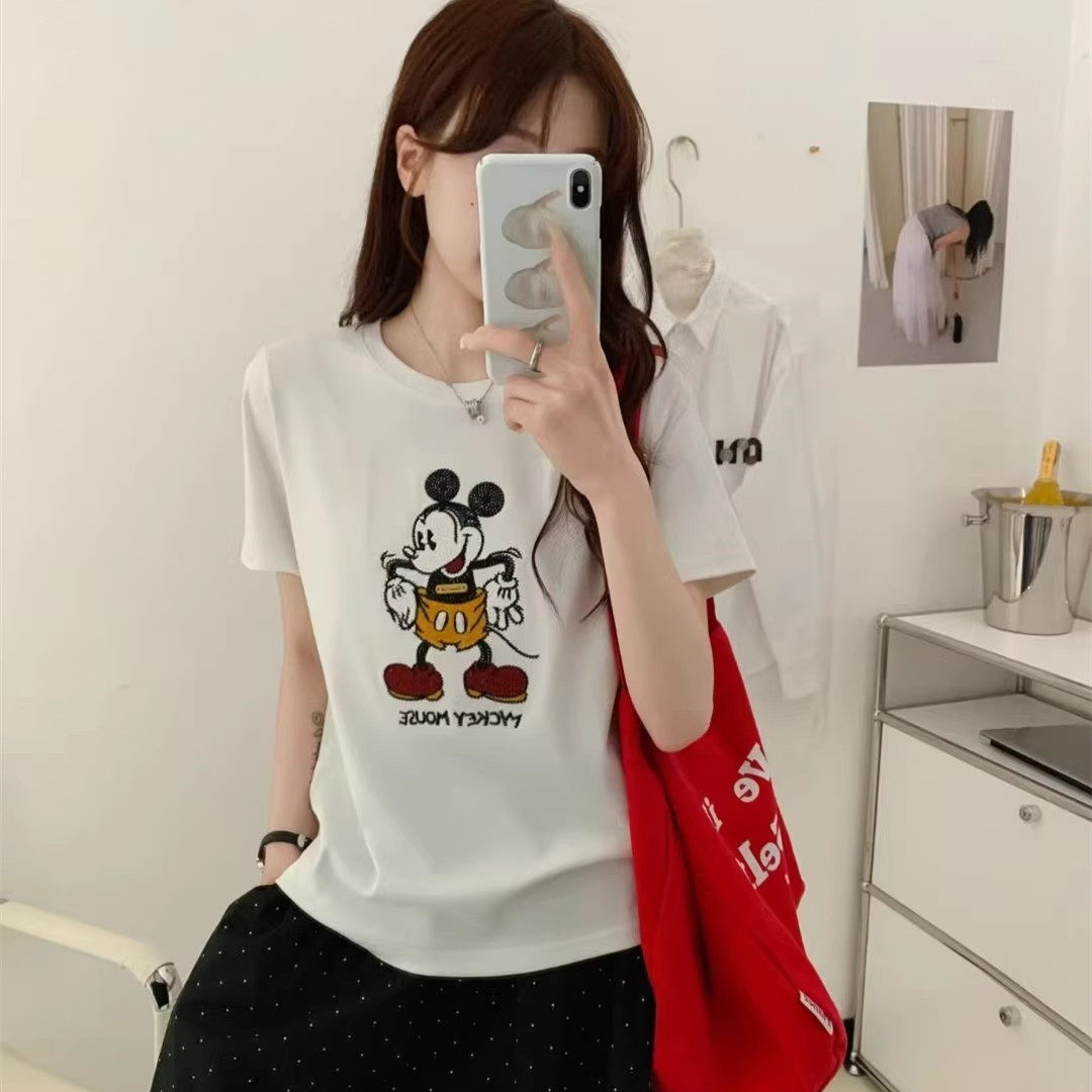 韩系卡通刺绣米奇纯棉正肩短袖T恤女2026春夏新款宽松减龄上衣潮