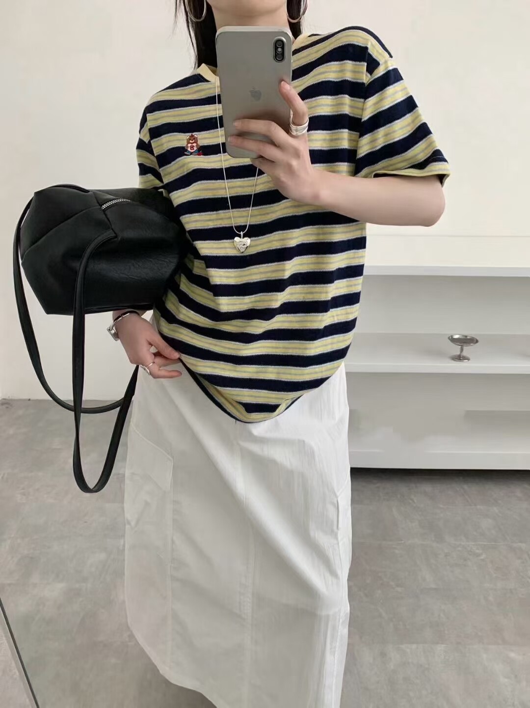 韩系卡通小熊刺绣条纹纯棉短袖T恤女2026春季新款宽松减龄上衣ins