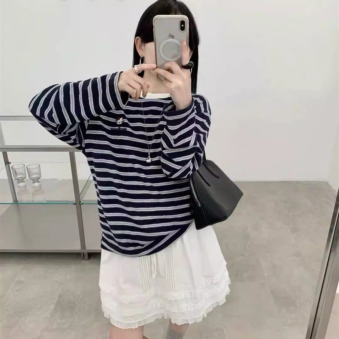 韩版刺绣kitty猫条纹长袖T恤女2026春季新款宽松显瘦简约百搭上衣