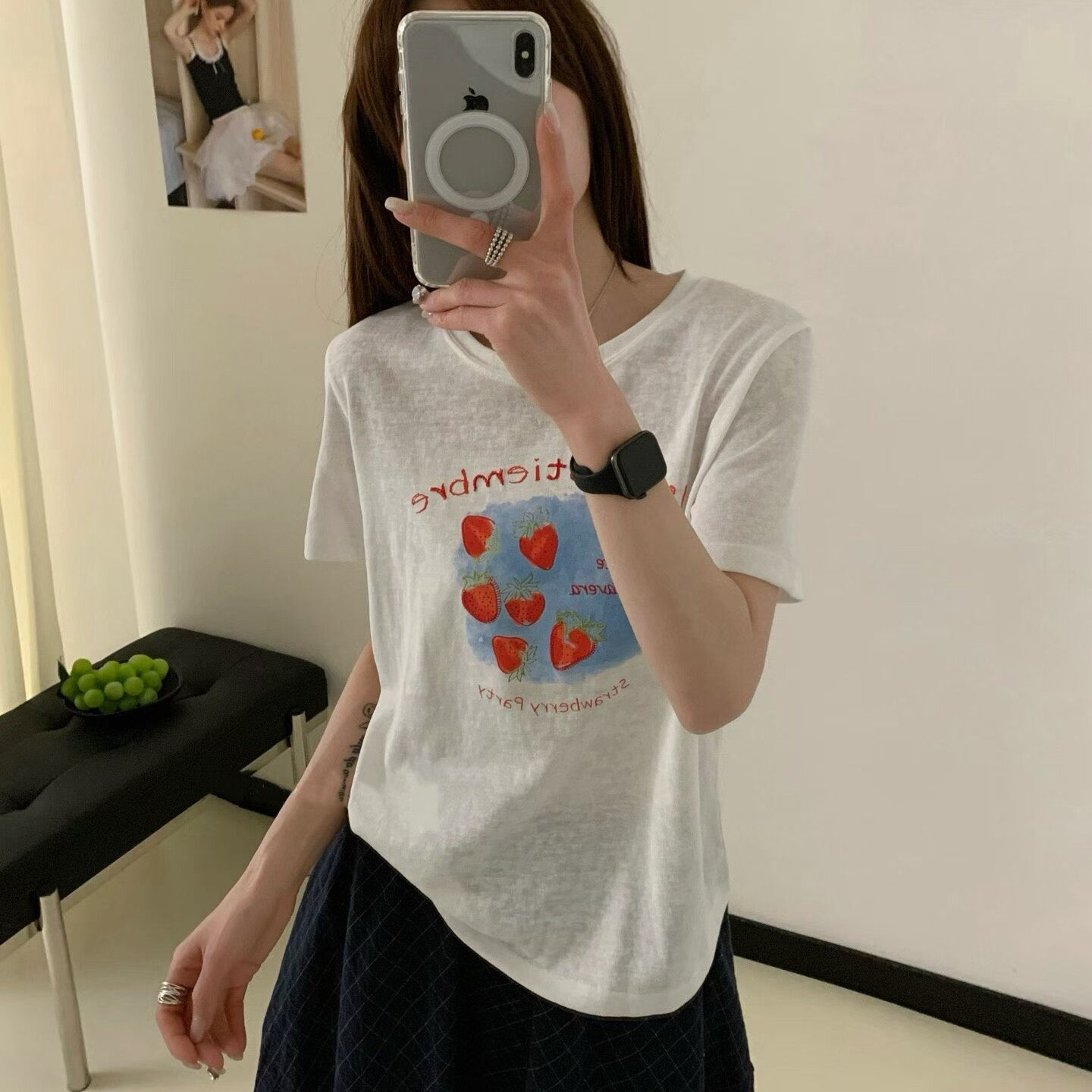 韩系刺绣字母草莓印花纯棉短袖T