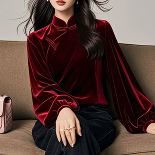 盘扣丝绒上衣女红色国风复古中式立领大码灯笼袖独特绝美打底衫