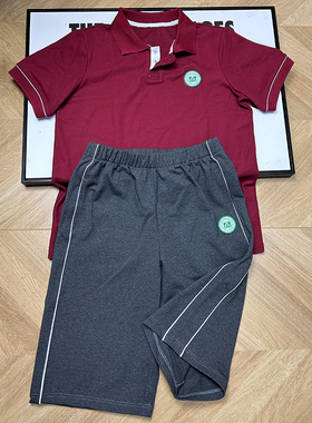 上海延安初级中学校服两件套深灰色七短裤中小学生酒红上衣pole衫