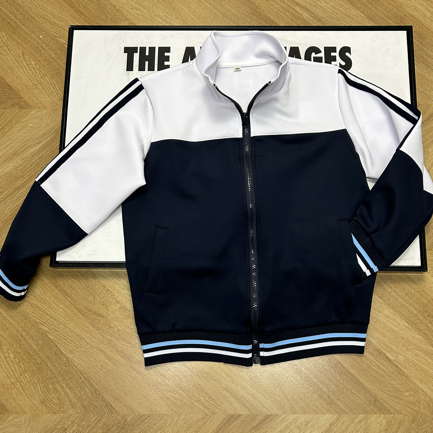 学生校服外套白色拼接藏蓝色反光条拉锁上衣学生春秋休闲运动长裤