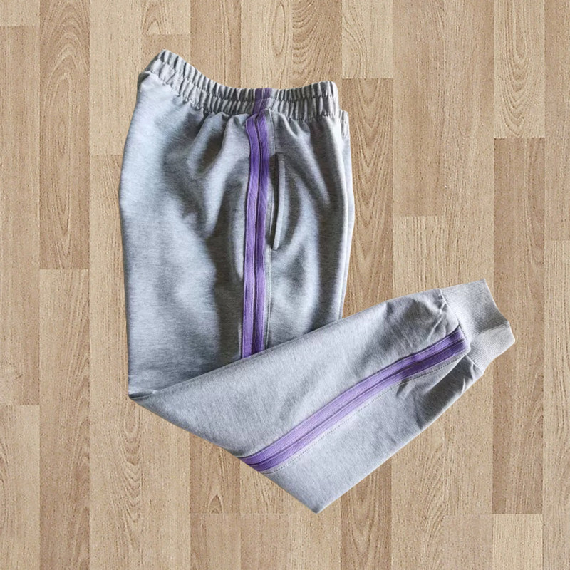 校服裤子定制浅灰色拼紫色条纯棉
