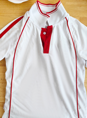短袖学生校服上衣白色夏装拼红条中小学生纯棉运动休闲翻领pole衫