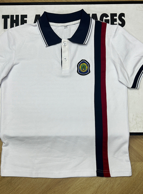 玉溪华宁第一小学学生短袖校服夏定做带校徽白色拼藏蓝酒红色上衣